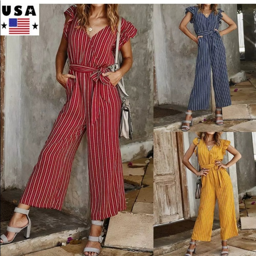 Striped Ruffle-Sleeve Belted Jumpsuit - Picture 4 of 6